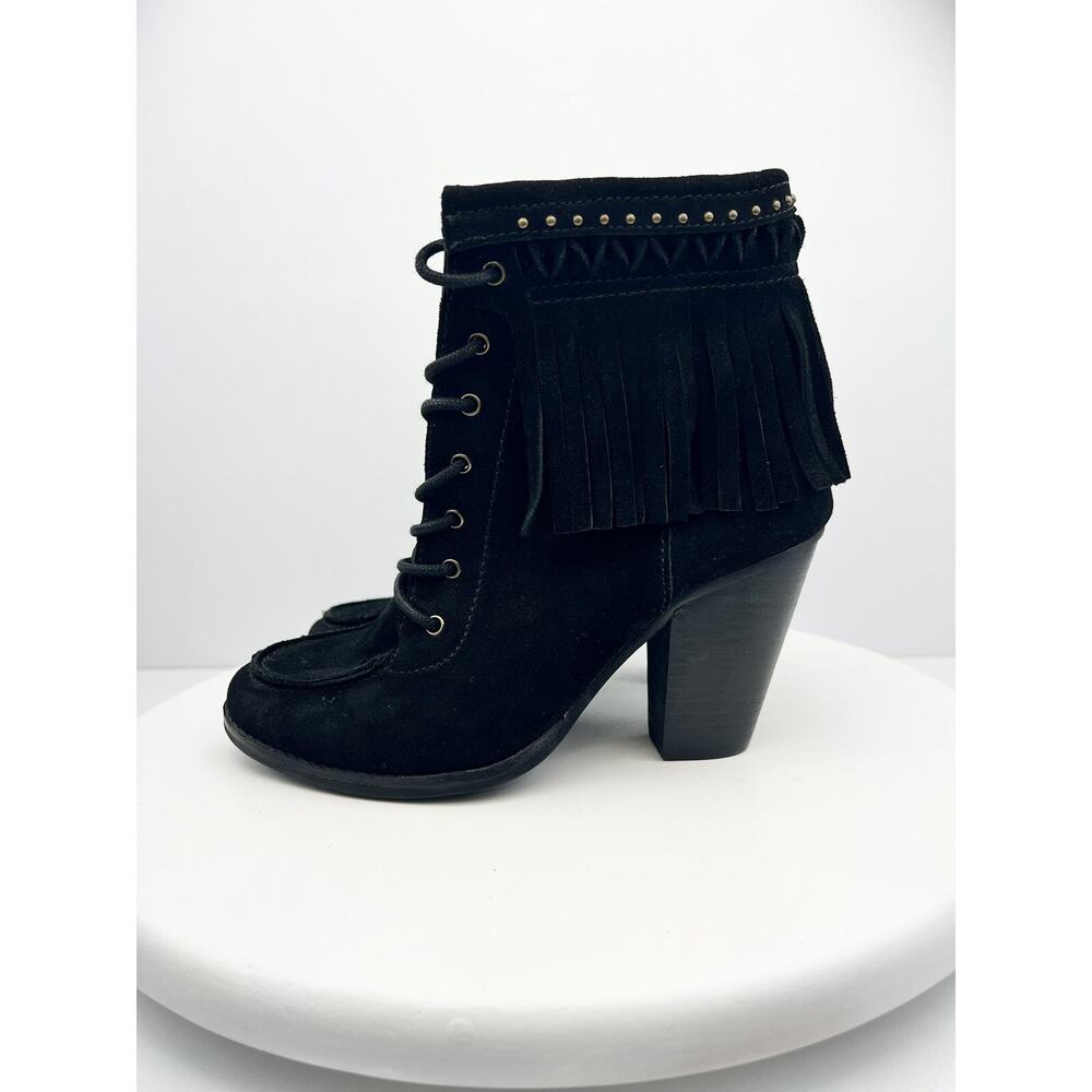 Gianni Bini Womens Size 6 Black Suede Western Ankle Boots Fringe Booties Leather